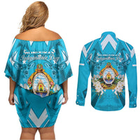 Honduras Independence Day Couples Matching Off Shoulder Short Dress and Long Sleeve Button Shirt Coat Of Arms Special Style - Wonder Print Shop