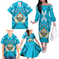 Honduras Independence Day Family Matching Off The Shoulder Long Sleeve Dress and Hawaiian Shirt Coat Of Arms Special Style - Wonder Print Shop