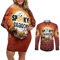 Coquette Pumpkin Halloween Couples Matching Off Shoulder Short Dress and Long Sleeve Button Shirt It's Spooky Season LT05 - Wonder Print Shop