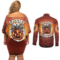 Coquette Pumpkin Halloween Couples Matching Off Shoulder Short Dress and Long Sleeve Button Shirt It's Spooky Season LT05 - Wonder Print Shop