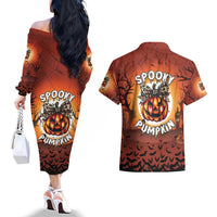 Coquette Pumpkin Halloween Couples Matching Off The Shoulder Long Sleeve Dress and Hawaiian Shirt It's Spooky Season LT05 - Wonder Print Shop