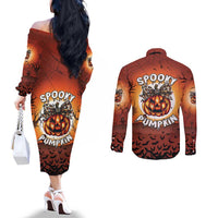 Coquette Pumpkin Halloween Couples Matching Off The Shoulder Long Sleeve Dress and Long Sleeve Button Shirt It's Spooky Season