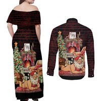 Funny Christmas Couples Matching Off Shoulder Maxi Dress and Long Sleeve Button Shirt Naughty Santa Im Laying On Your Present - Wonder Print Shop