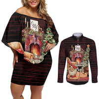 Funny Christmas Couples Matching Off Shoulder Short Dress and Long Sleeve Button Shirt Naughty Santa Im Laying On Your Present - Wonder Print Shop