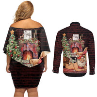 Funny Christmas Couples Matching Off Shoulder Short Dress and Long Sleeve Button Shirt Naughty Santa Im Laying On Your Present - Wonder Print Shop