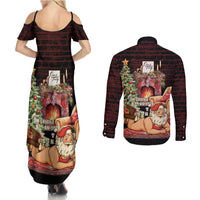 Funny Christmas Couples Matching Summer Maxi Dress and Long Sleeve Button Shirt Naughty Santa Im Laying On Your Present - Wonder Print Shop