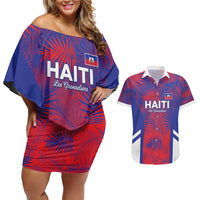 Custom Les Grenadiers Haiti Football Couples Matching Off Shoulder Short Dress and Hawaiian Shirt Tropical Vibes - Wonder Print Shop