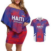 Custom Les Grenadiers Haiti Football Couples Matching Off Shoulder Short Dress and Hawaiian Shirt Tropical Vibes - Wonder Print Shop