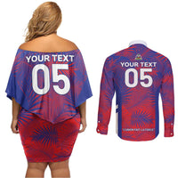 Custom Les Grenadiers Haiti Football Couples Matching Off Shoulder Short Dress and Long Sleeve Button Shirt Tropical Vibes - Wonder Print Shop