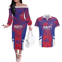 Custom Les Grenadiers Haiti Football Couples Matching Off The Shoulder Long Sleeve Dress and Hawaiian Shirt Tropical Vibes - Wonder Print Shop