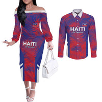 Custom Les Grenadiers Haiti Football Couples Matching Off The Shoulder Long Sleeve Dress and Long Sleeve Button Shirt Tropical Vibes - Wonder Print Shop