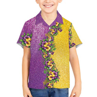 Hawaii Mardi Gras Kid Hawaiian Shirt Plumeria Lei Beads Glitter Style