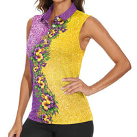 Hawaii Mardi Gras Women Sleeveless Polo Shirt Plumeria Lei Beads Glitter Style