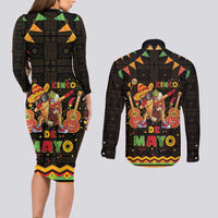 Mexico Cinco De Mayo Couples Matching Long Sleeve Bodycon Dress and Long Sleeve Button Shirt Let's Fiesta Dabbing Taco