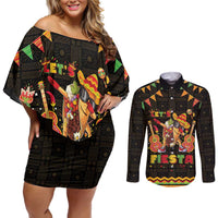 Mexico Cinco De Mayo Couples Matching Off Shoulder Short Dress and Long Sleeve Button Shirt Let's Fiesta Dabbing Taco