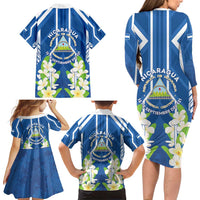 Nicaragua Independence Day 1821 Family Matching Long Sleeve Bodycon Dress and Hawaiian Shirt Coat Of Arms With Plumeria - Wonder Print Shop