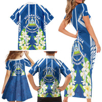Nicaragua Independence Day 1821 Family Matching Short Sleeve Bodycon Dress and Hawaiian Shirt Coat Of Arms With Plumeria - Wonder Print Shop