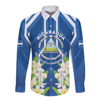 Nicaragua Independence Day 1821 Long Sleeve Button Shirt Coat Of Arms With Plumeria - Wonder Print Shop