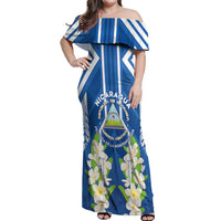 Nicaragua Independence Day 1821 Off Shoulder Maxi Dress Coat Of Arms With Plumeria - Wonder Print Shop