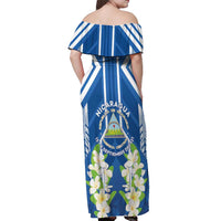 Nicaragua Independence Day 1821 Off Shoulder Maxi Dress Coat Of Arms With Plumeria - Wonder Print Shop