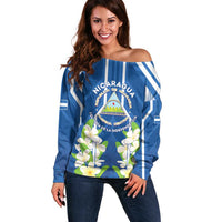 Nicaragua Independence Day 1821 Off Shoulder Sweater Coat Of Arms With Plumeria - Wonder Print Shop