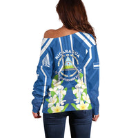 Nicaragua Independence Day 1821 Off Shoulder Sweater Coat Of Arms With Plumeria - Wonder Print Shop