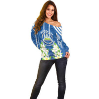 Nicaragua Independence Day 1821 Off Shoulder Sweater Coat Of Arms With Plumeria - Wonder Print Shop
