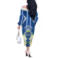 Nicaragua Independence Day 1821 Off The Shoulder Long Sleeve Dress Coat Of Arms With Plumeria - Wonder Print Shop