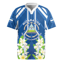 Nicaragua Independence Day 1821 Rugby Jersey Coat Of Arms With Plumeria - Wonder Print Shop