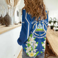Nicaragua Independence Day 1821 Women Casual Shirt Coat Of Arms With Plumeria - Wonder Print Shop