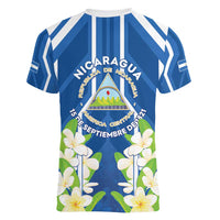 Nicaragua Independence Day 1821 Women V-Neck T-Shirt Coat Of Arms With Plumeria - Wonder Print Shop