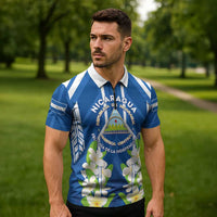 Nicaragua Independence Day 1821 Zipper Polo Shirt Coat Of Arms With Plumeria - Wonder Print Shop