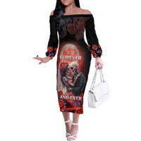 Personalised Day of Dead Couple Sugar Skull Off The Shoulder Long Sleeve Dress Forever and Ever! LT05 - Wonder Print Shop
