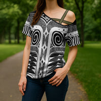 Japanese Indigenous Cross Shoulder Shirt Jomon Tribal Inspired Black