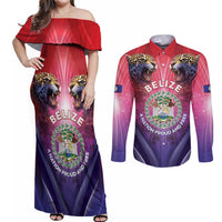 Belize 44th Independence Anniversary Couples Matching Off Shoulder Maxi Dress and Long Sleeve Button Shirt Stronger Together Rising Forever - Wonder Print Shop