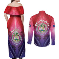 Belize 44th Independence Anniversary Couples Matching Off Shoulder Maxi Dress and Long Sleeve Button Shirt Stronger Together Rising Forever - Wonder Print Shop