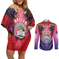 Belize 44th Independence Anniversary Couples Matching Off Shoulder Short Dress and Long Sleeve Button Shirt Stronger Together Rising Forever - Wonder Print Shop