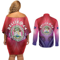 Belize 44th Independence Anniversary Couples Matching Off Shoulder Short Dress and Long Sleeve Button Shirt Stronger Together Rising Forever - Wonder Print Shop