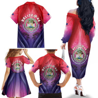 Belize 44th Independence Anniversary Family Matching Off The Shoulder Long Sleeve Dress and Hawaiian Shirt Stronger Together Rising Forever - Wonder Print Shop