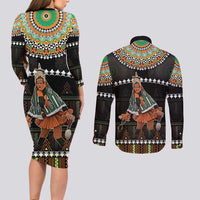 Ivory Coast Festival Of Masks Couples Matching Long Sleeve Bodycon Dress and Long Sleeve Button Shirt Traditional Zaouli Dance LT05 - Wonder Print Shop