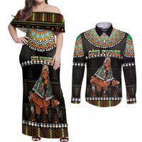 Ivory Coast Festival Of Masks Couples Matching Off Shoulder Maxi Dress and Long Sleeve Button Shirt Traditional Zaouli Dance LT05 - Wonder Print Shop
