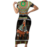 Ivory Coast Festival Of Masks Short Sleeve Bodycon Dress Traditional Zaouli Dance LT05 - Wonder Print Shop