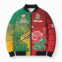 South Africa And England Rugby Custom Bomber Puffer Jacket Springboks And Red Rose Together - Wonder Print Shop