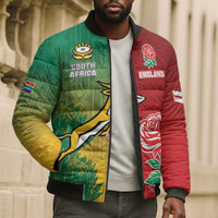 South Africa And England Rugby Custom Bomber Puffer Jacket Springboks And Red Rose Together - Wonder Print Shop