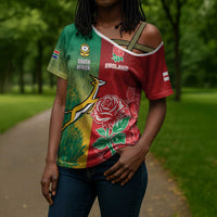South Africa And England Rugby Custom Cross Shoulder Shirt Springboks And Red Rose Together - Wonder Print Shop