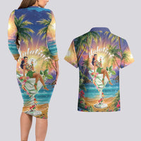 Aloha Hawaii Couples Matching Long Sleeve Bodycon Dress and Hawaiian Shirt Hula Martini Tropical Vibes - Wonder Print Shop