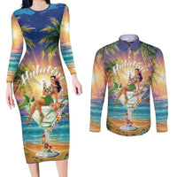 Aloha Hawaii Couples Matching Long Sleeve Bodycon Dress and Long Sleeve Button Shirt Hula Martini Tropical Vibes - Wonder Print Shop