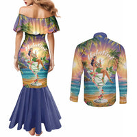 Aloha Hawaii Couples Matching Mermaid Dress and Long Sleeve Button Shirt Hula Martini Tropical Vibes - Wonder Print Shop