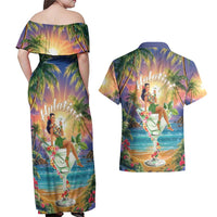 Aloha Hawaii Couples Matching Off Shoulder Maxi Dress and Hawaiian Shirt Hula Martini Tropical Vibes - Wonder Print Shop