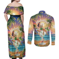 Aloha Hawaii Couples Matching Off Shoulder Maxi Dress and Long Sleeve Button Shirt Hula Martini Tropical Vibes - Wonder Print Shop